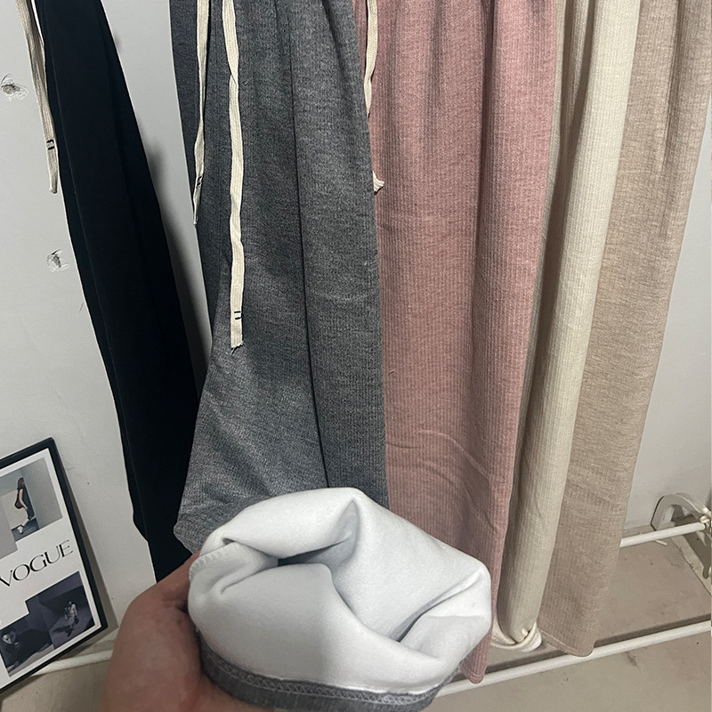 Pantalones de pierna ancha de Cachemira de arroz glutinoso para mujer otoño e invierno con forro polar grueso cintura alta adelgazante drapeado Pantalones rectos Casuales image 4