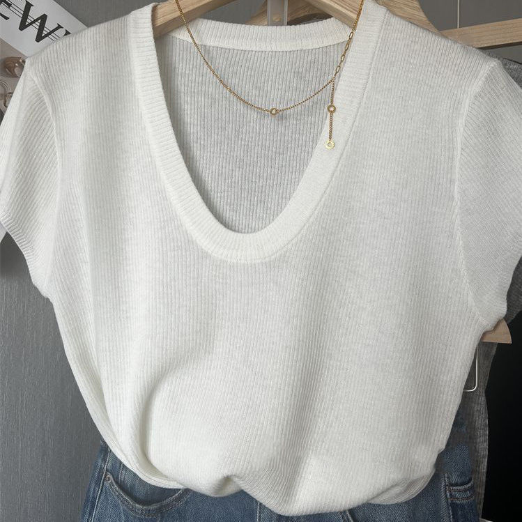 夏の氷糸の肩のtシャツの女性の薄いタイプのニットの小さいシャツの半袖のファッションは年齢を減らします。|undefined