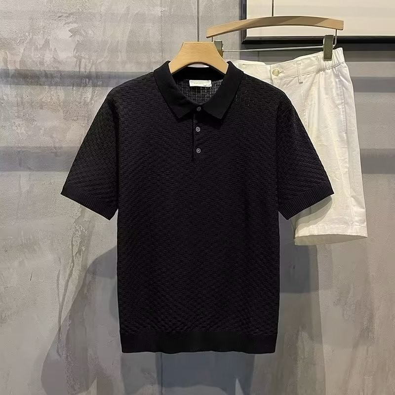 Camisa polar de manga corta elástica de punto de verano 2024, camisa suelta británica de estilo cocido ligero a rayas.