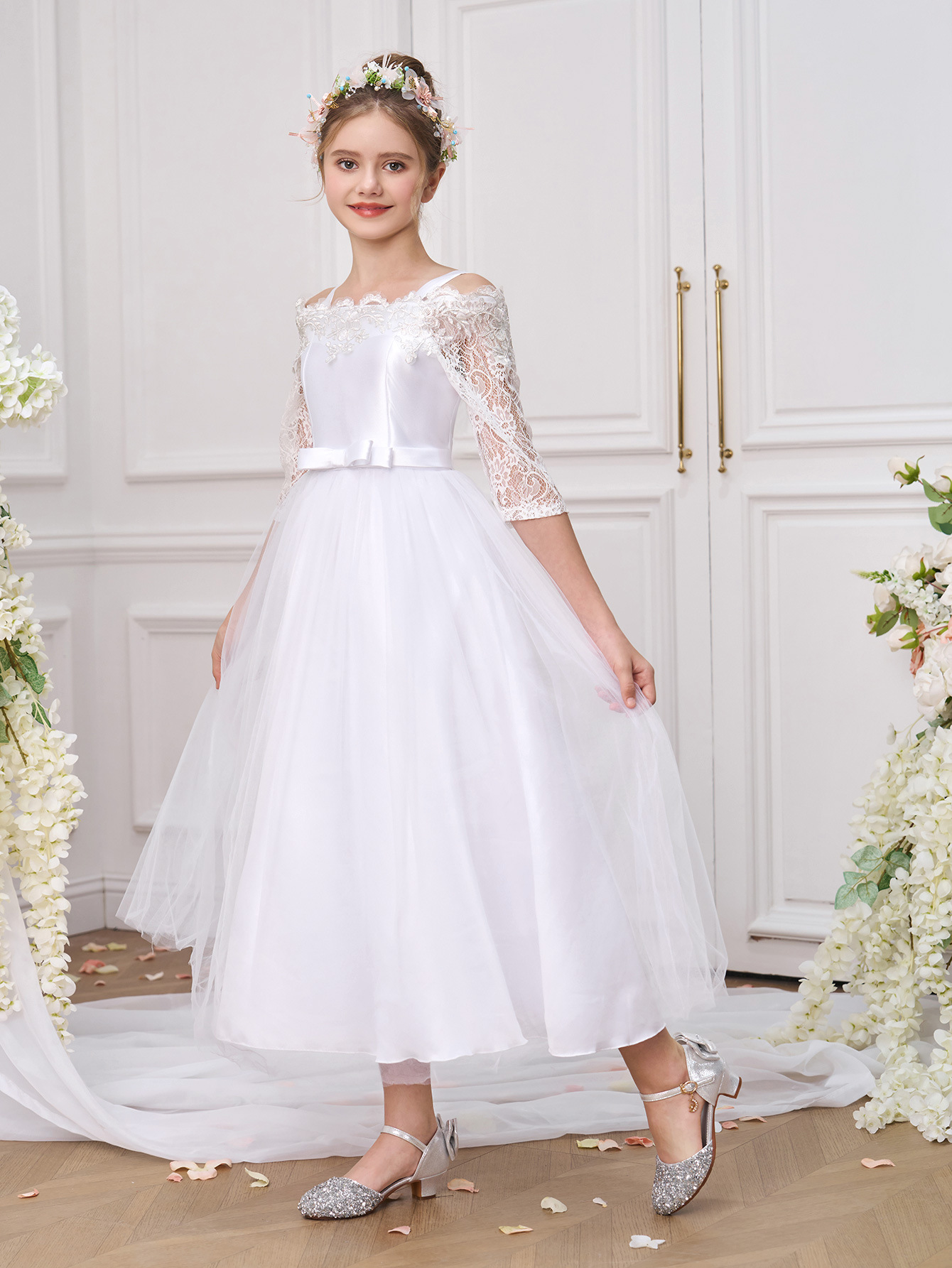 Kids dress vestido de manga larga de encaje para niñas europeas y americanas vestido para niños vestido de novia de niña de las flores vestido de rendimiento