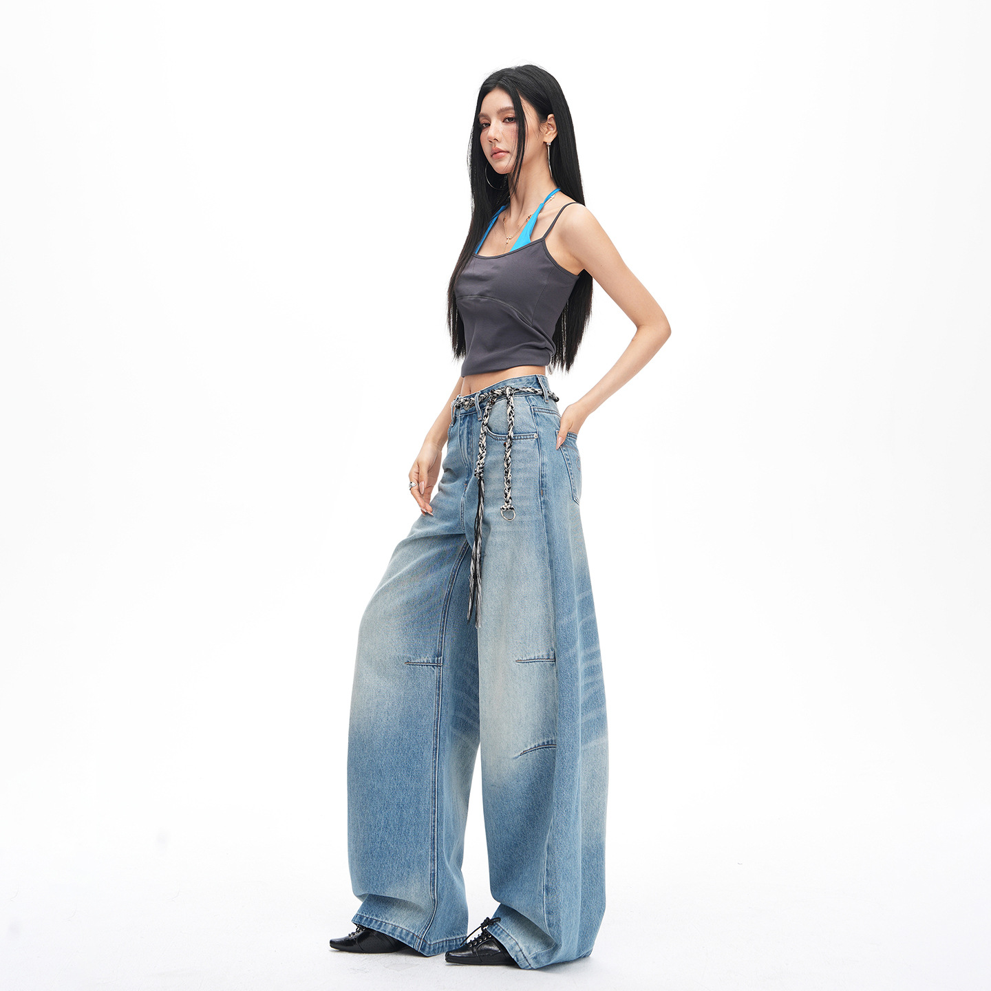 Spring and Summer New Style French Embroidered Blue Washed Mid-High Waist Slimming Wide-Leg Jeans for Women