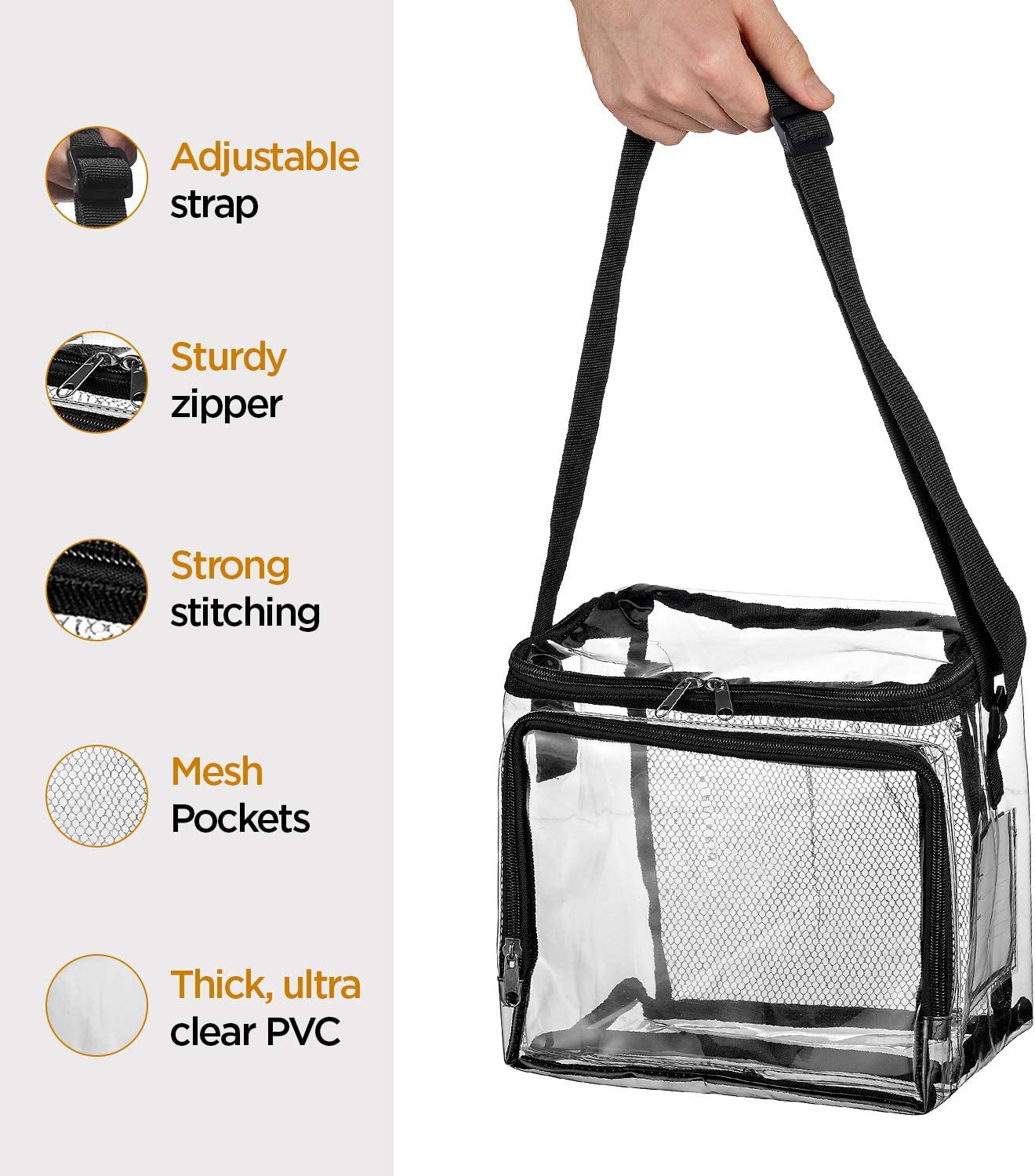 PVC Transparent Adjustable Strap Front Storage Compartment Mesh Pocket Outdoor Lunch Bag_voghion.com
