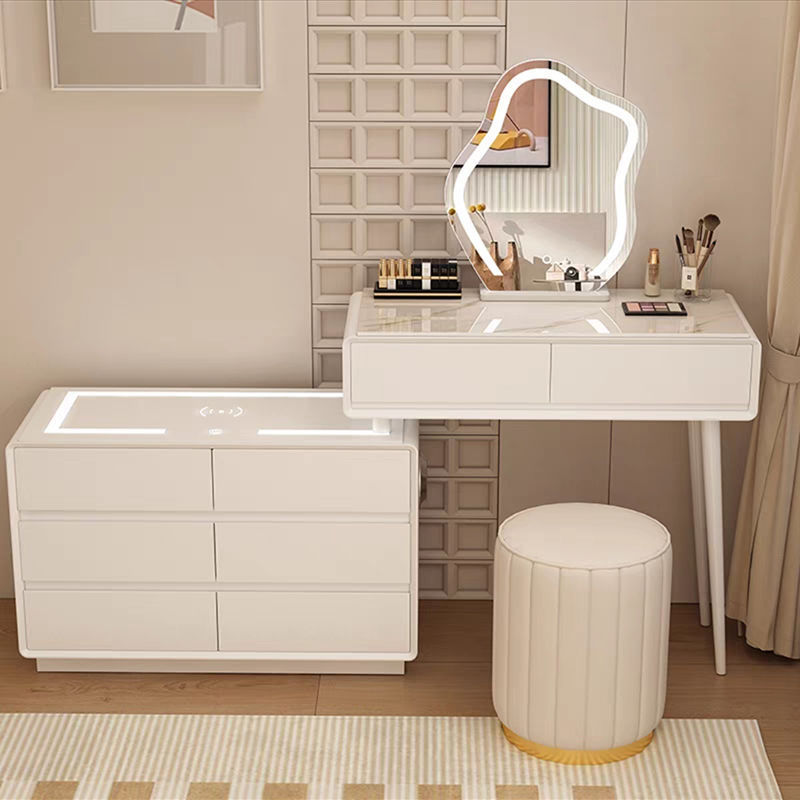 흰색 80cm 테이블 + 캐비닛 + 구름거울 + 원형 스툴