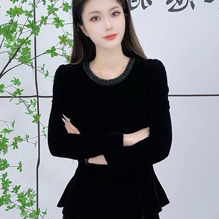 一件代发2025秋季新款时尚洋气复古百搭修身显瘦减龄丝绒长袖上衣|undefined