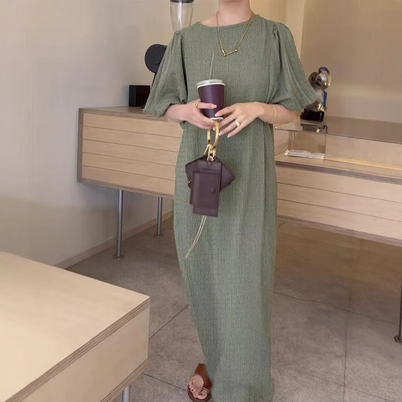 일본 한국 봄 여름 달콤한 느슨한 기질 비치 스커트 롱 스커트 퍼프 슬리브 반팔 라운드 넥 캐주얼 드레스 여성용