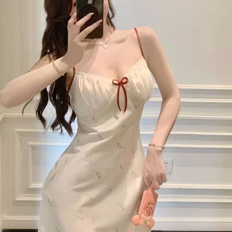 Women's Lace-Trimmed Camisole Nightgown with Bow and Chest Pads, Home Wear, Ice Silk Nightdress, One-Piece Sleepwear with Chest Support Women's Lace-Trimmed Camisole Nightgown with Bow and Chest Pads, Home Wear, Ice Silk Nightdress, One-Piece Sleepwear with Chest Support