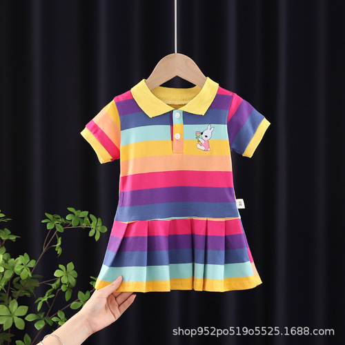 Girls' Summer Dress for 1-2-3 Years Old, 4 Girls' Fashion Summer Outfit for Infants and Toddlers, Collared Striped Short-Sleeve Pleated Skirt