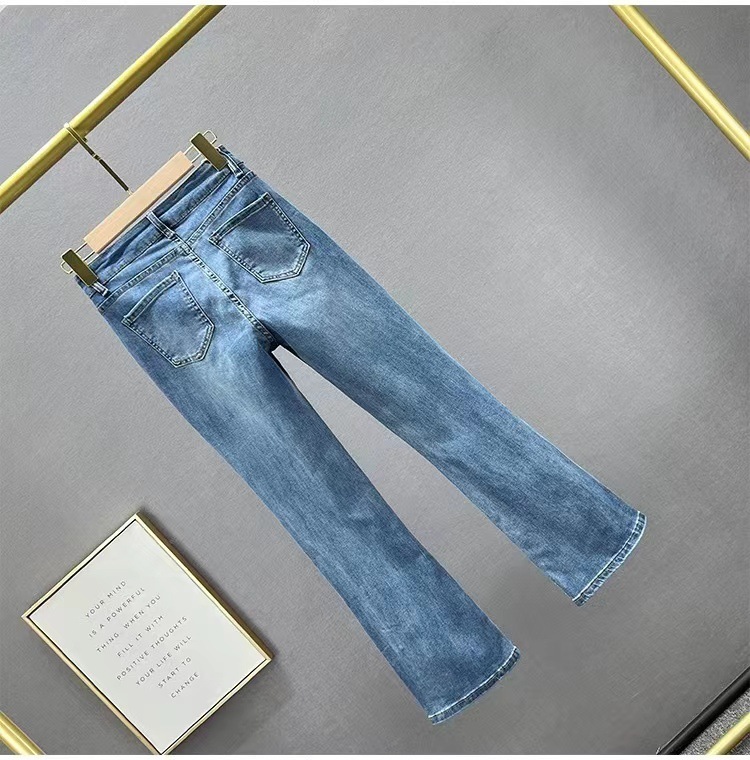 High-waisted Rhinestone Flared Jeans With Side Slits Denim Trousers_voghion.com