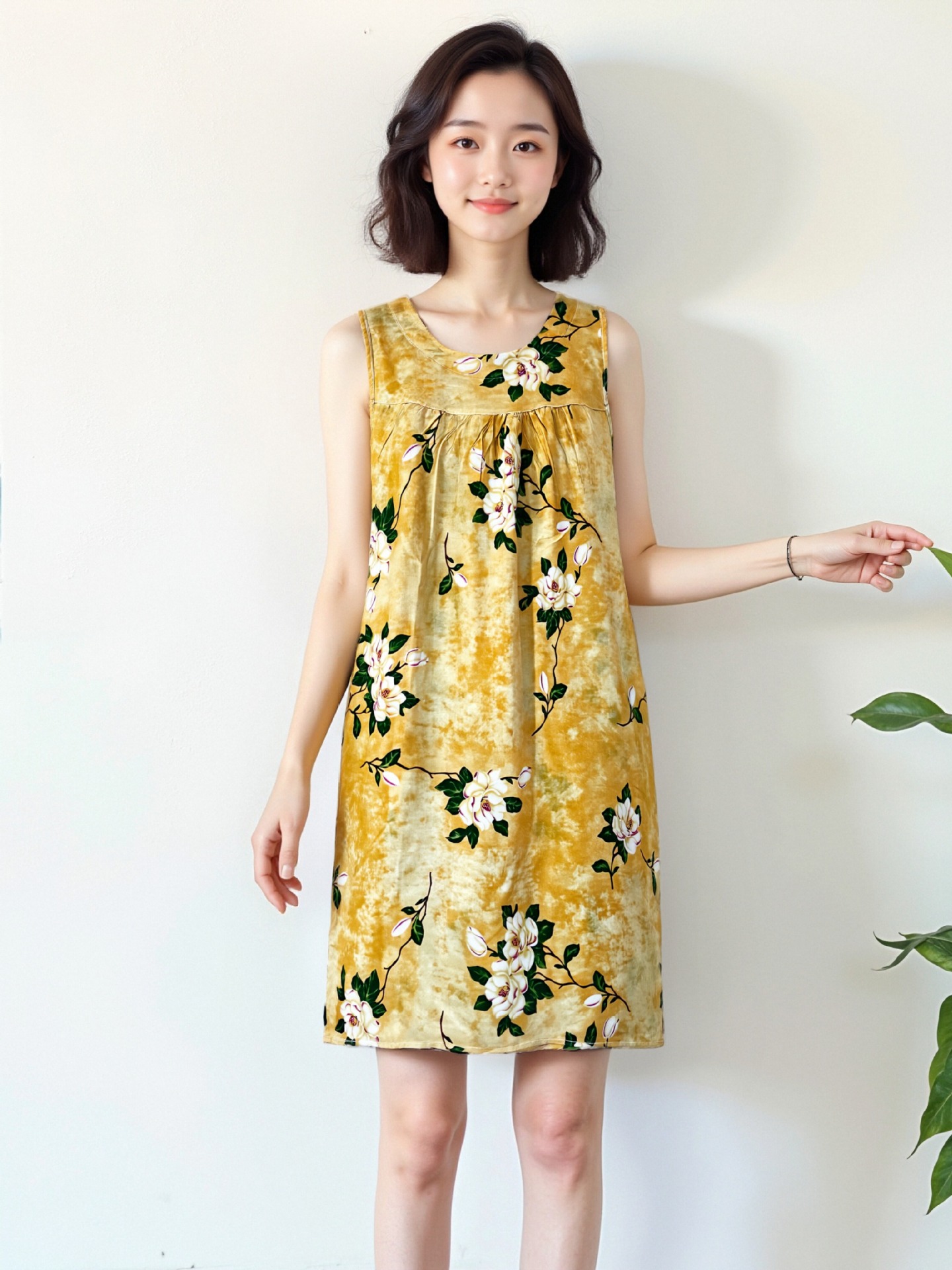 女性用ナイトガウン夏プラスサイズノースリーブコットンシルクミッドレングス人工綿ルーズドレス中高年パジャマホームウェア