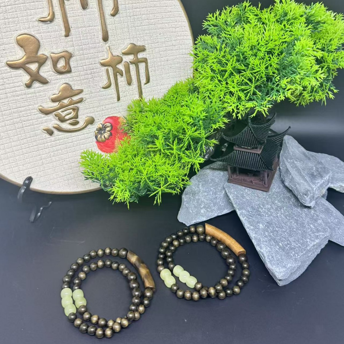 跨境金丝楠木半镯管双圈手链复古风文玩手串翠玉金纹天然原木简约