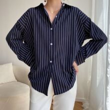 韩国东大门条纹衬衫女长袖中长款2024年秋季新款韩版宽松大码衬衣
