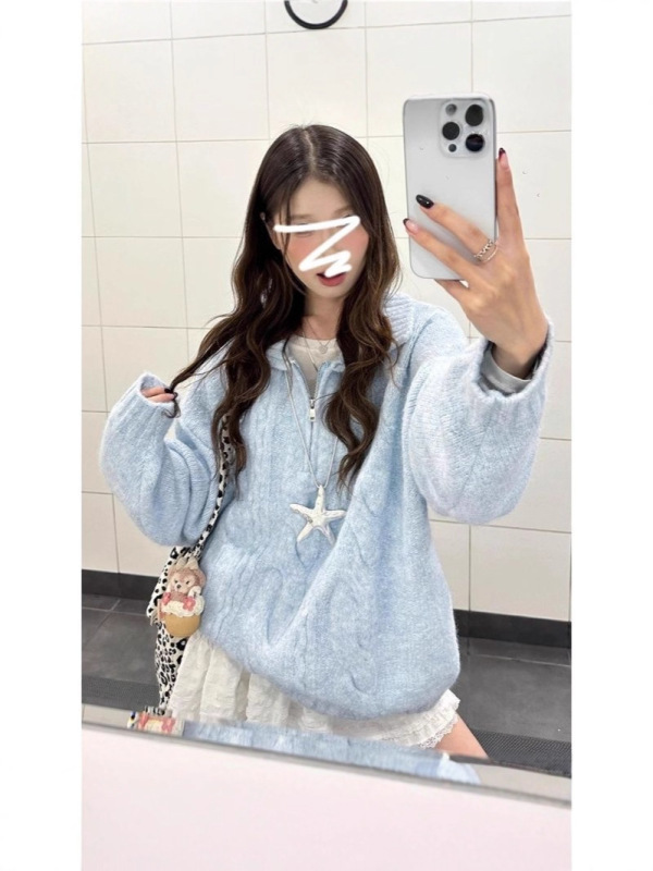 韩系休闲蓝色奶fufu翻领毛衣女春秋冬高级感甜美套头宽松针织上衣|undefined