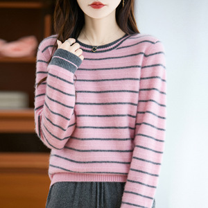 100%纯毛一线成衣羊毛条纹打底衫女羊毛衫秋冬修身针织毛衣批发