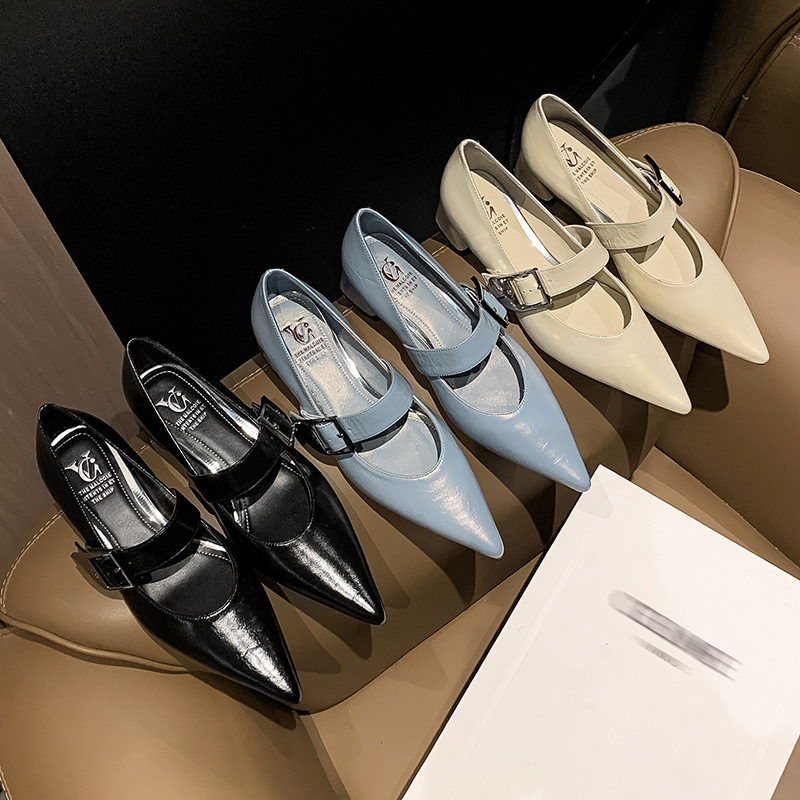 First-Layer Cowhide High-Heeled Shoes Women's Pointed Mid-Heel Thick Heel Buckle Belt Shallow Mouth Mary Jane Shoes light blue Ladies