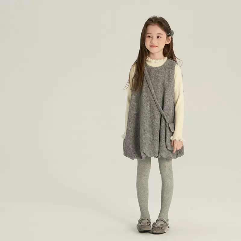 艾摩贝贝童裙2025冬中大女童韩版甜美蝴蝶结背心裙呢子花苞连衣裙