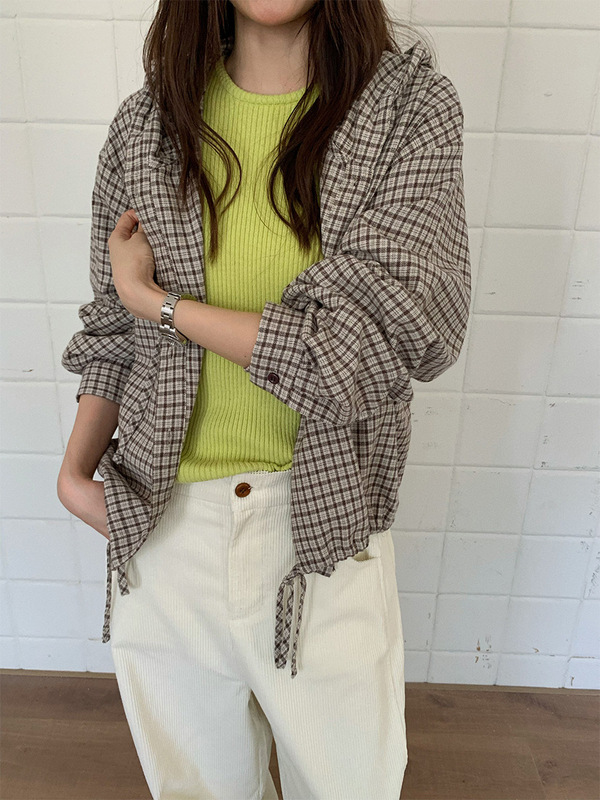 苏奈 韩系复古格纹连帽抽绳单排扣25秋宽松上衣外套女tableblue|undefined