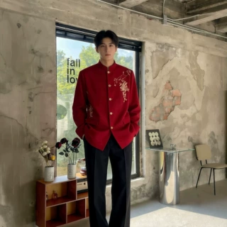新中式国风西装高端刺绣立领休闲西服红色订婚结婚礼服中山装外套