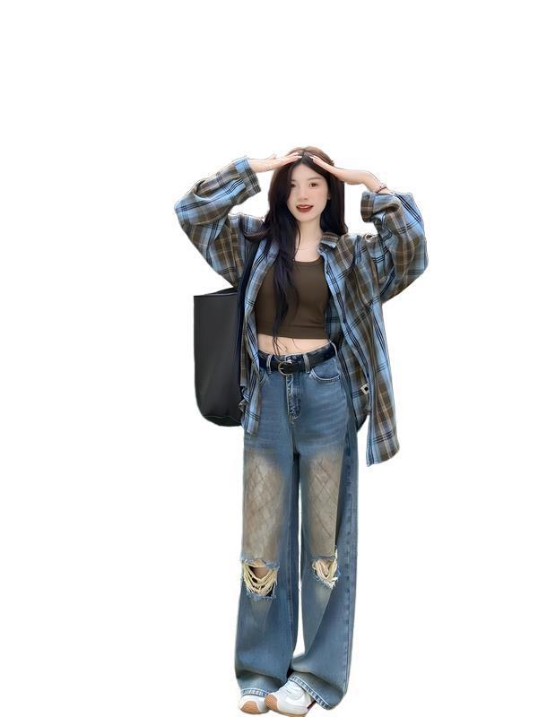 法式复古感格子衬衣外套女宽松长袖慵懒休闲早秋防晒衬衫上衣|undefined