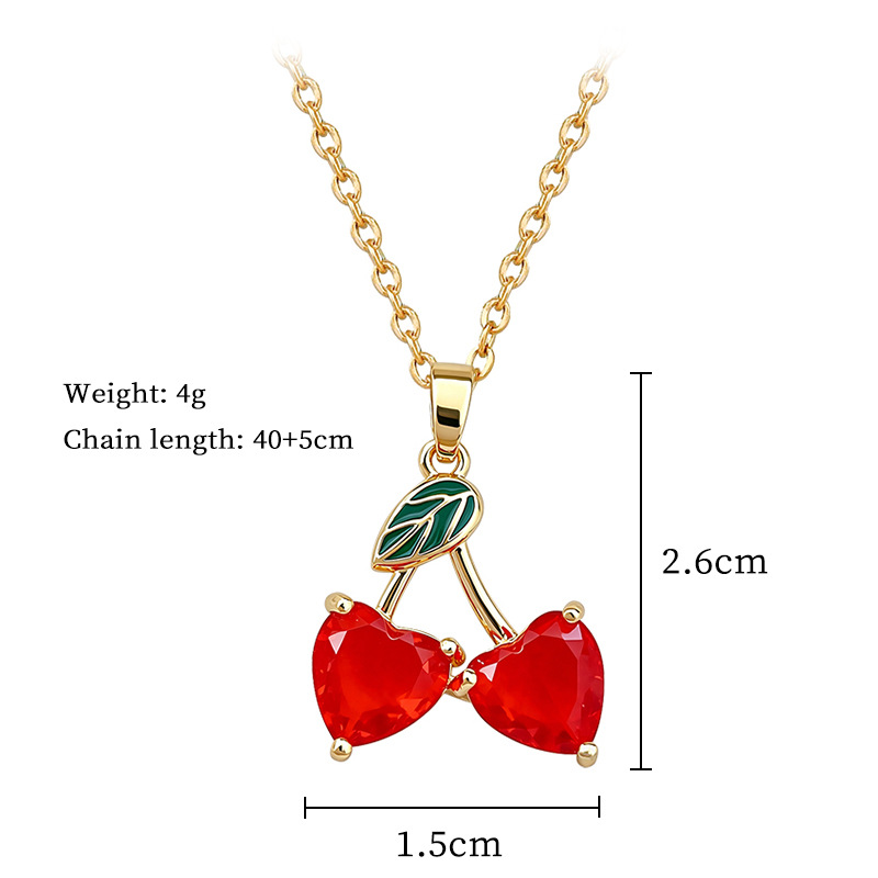 Elegant Red Cherry Necklace In Titanium Steel With Full Diamonds_voghion.com