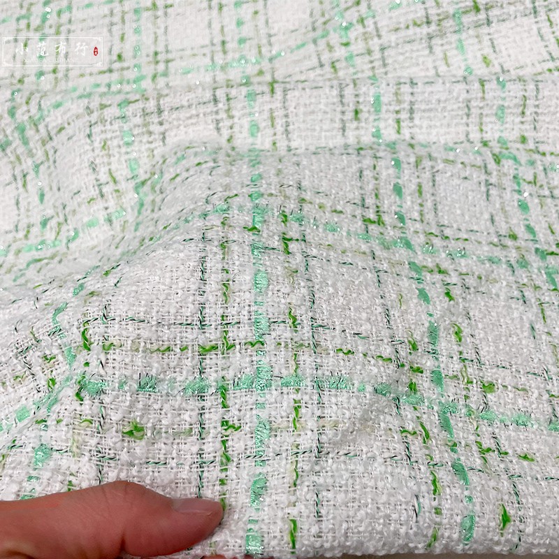 春秋款绿白格子小香风布料 西装外套套装时装面料 连衣裙旗袍服装