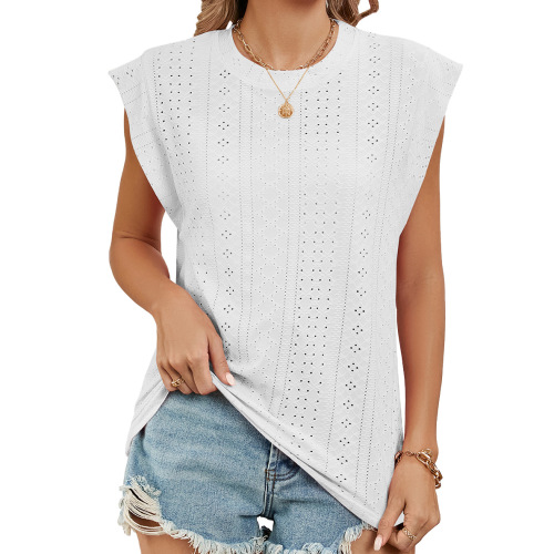 Amazon European and American Cross-border Foreign Trade 2024 Summer Solid Color Round Neck Loose Short Sleeve T-shirt Vest Top for Women