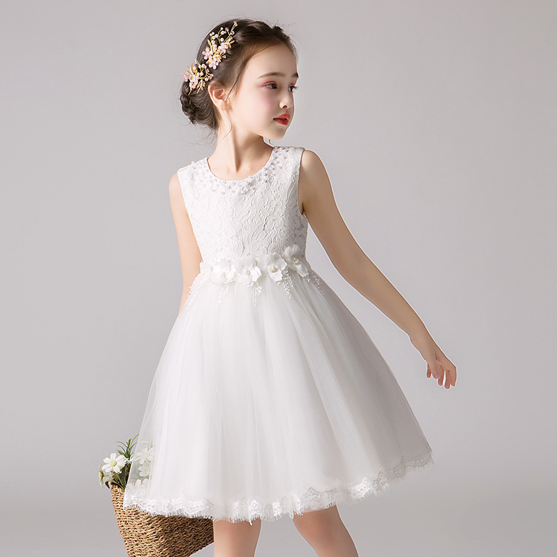 Girls' Princess Dress, Flower Girl White Gauze Dress, Little Girl's Birthday Performance Costume Dress, Summer Skirt