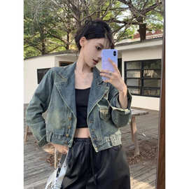 复古西装领牛仔外套女春秋设计感小个子短款显瘦休闲夹克上衣