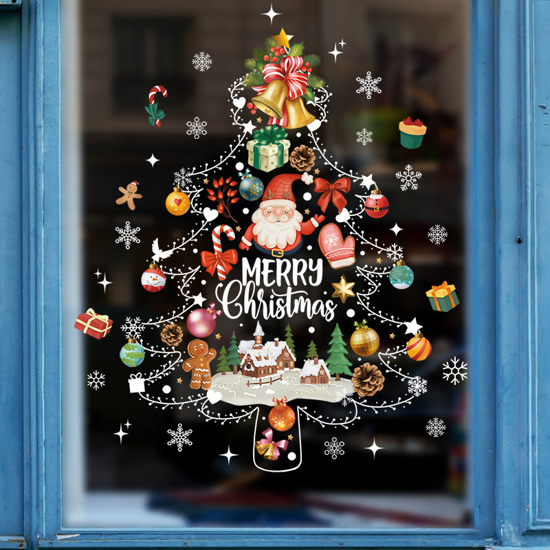 カラフルなクリスマスツリー、白い吊り下げライト、窓用ウォールステッカー、クリスマスツリー、雪の結晶、クッキー、キャンディー、サンタクロースのウォールステッカー、静電窓飾り|undefined