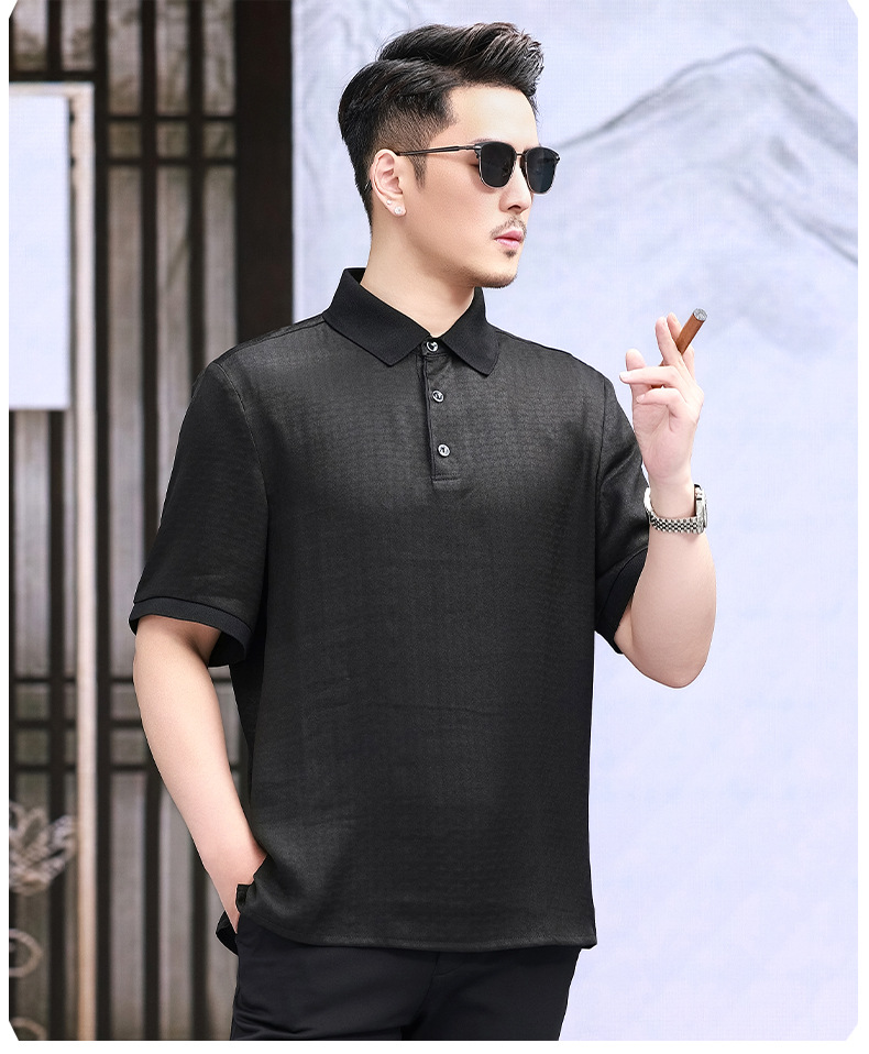 Áo polo nam tay ngắn lụa tơ tằm Xiangyunsha thoáng khí — Màu đen 2968 chi tiết 12
