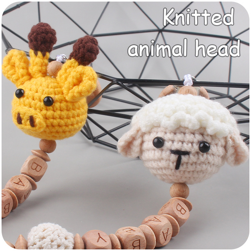 Nueva mano de lana ganchillo animal mordedor calmante bebé Super lindo animal cabeza Cadena de chupete cadena anti-gota