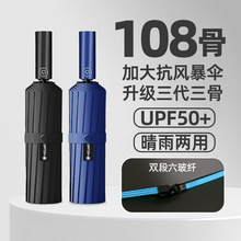新款圆按钮108骨自动加固骨架抗风晴雨两用防晒黑胶晴雨伞可印字