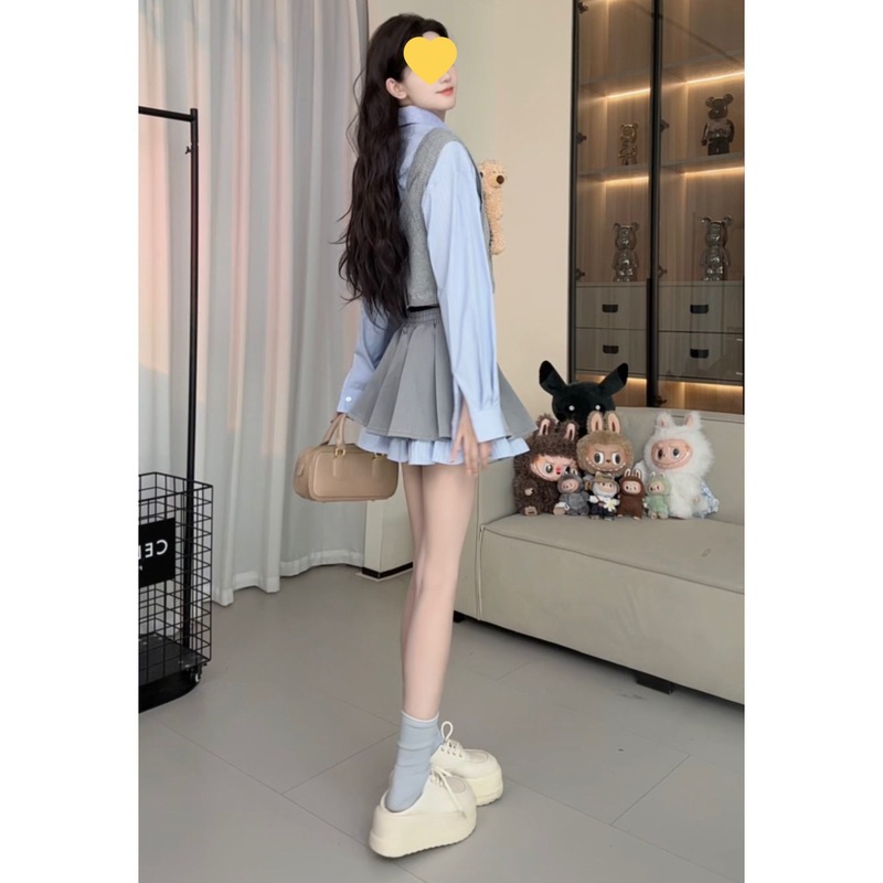 秋季韩版套装简约长袖衬衫收腰背心假两件高腰显瘦半身裙两件套女|undefined