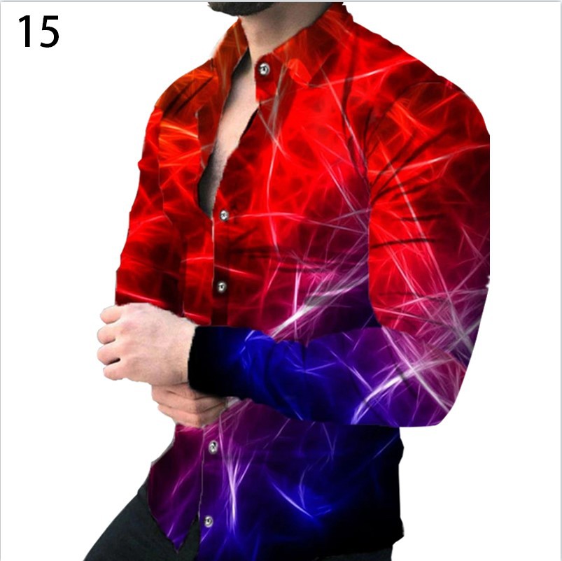 Comercio exterior 2023 primavera nuevos hombres gradiente de impresión digital solapa camisa de manga larga camisa casual de los hombres