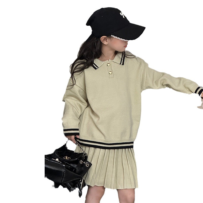 소녀의 2024 대학 스타일 게으른 폴로 칼라 스웨터 높은 허리 스커트 세트 플리츠 스커트 세트 트렌디