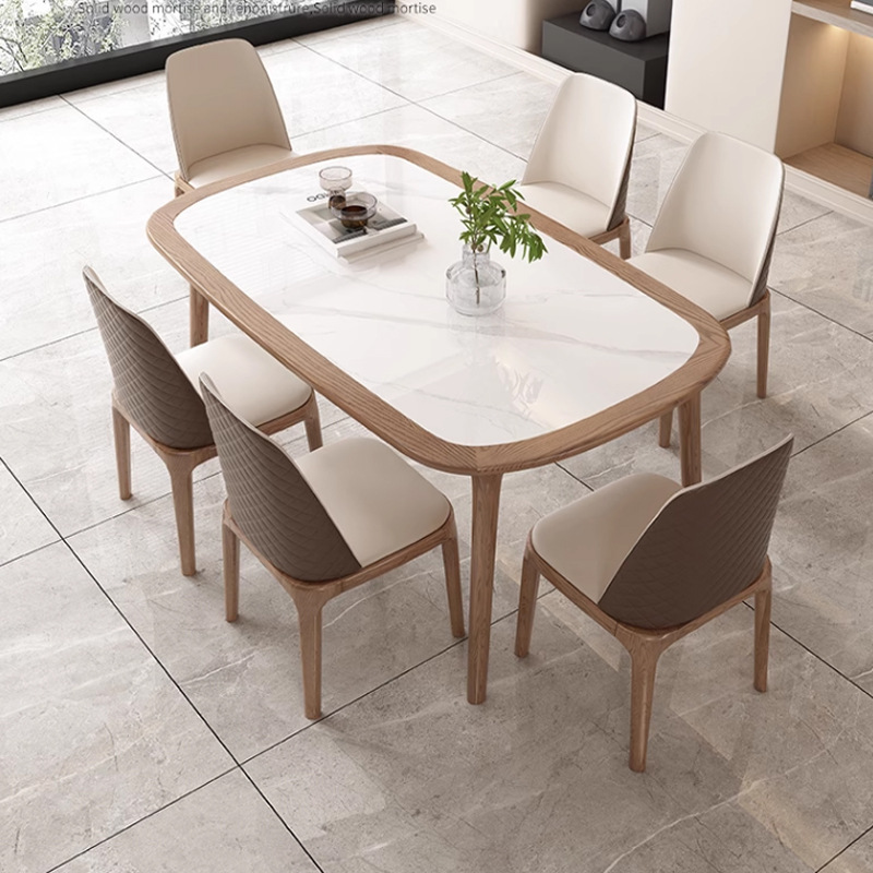北欧全实木亮光内嵌岩板餐桌现代简约家用小户型白蜡木长方形饭桌