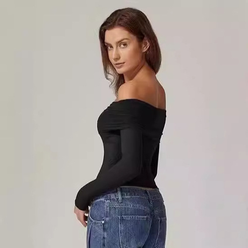 Cross-border European and American women's clothing top women's t-shirt one-shoulder pure desire style long-sleeved milk silk base shirt for women with a sense of elegance