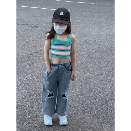 Women's Han Version Striped Short-Sleeve Off-the-Shoulder Mesh Backless Tank Top with Butterfly Bow Detail, Crop Top, and Ripped Jeans