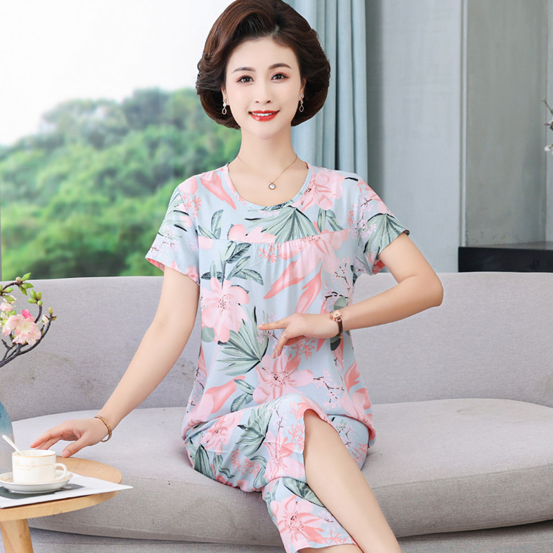 Cotton Silk Pajamas Women's Summer Home Clothes Two-piece Suit Middle-aged and Elderly Mother's Cotton Silk Short-sleeved Home Clothes Women's Summer Outer Wear