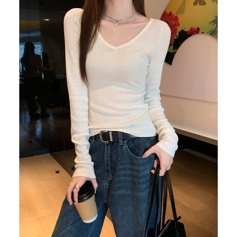 实拍 韩版v领长袖针织衫女2025秋季感羊毛混坊打底衫内搭修身秋季