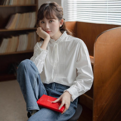 2025秋季新款气质木耳边立领系带白色衬衣女复古叠穿长袖打褶衬衫