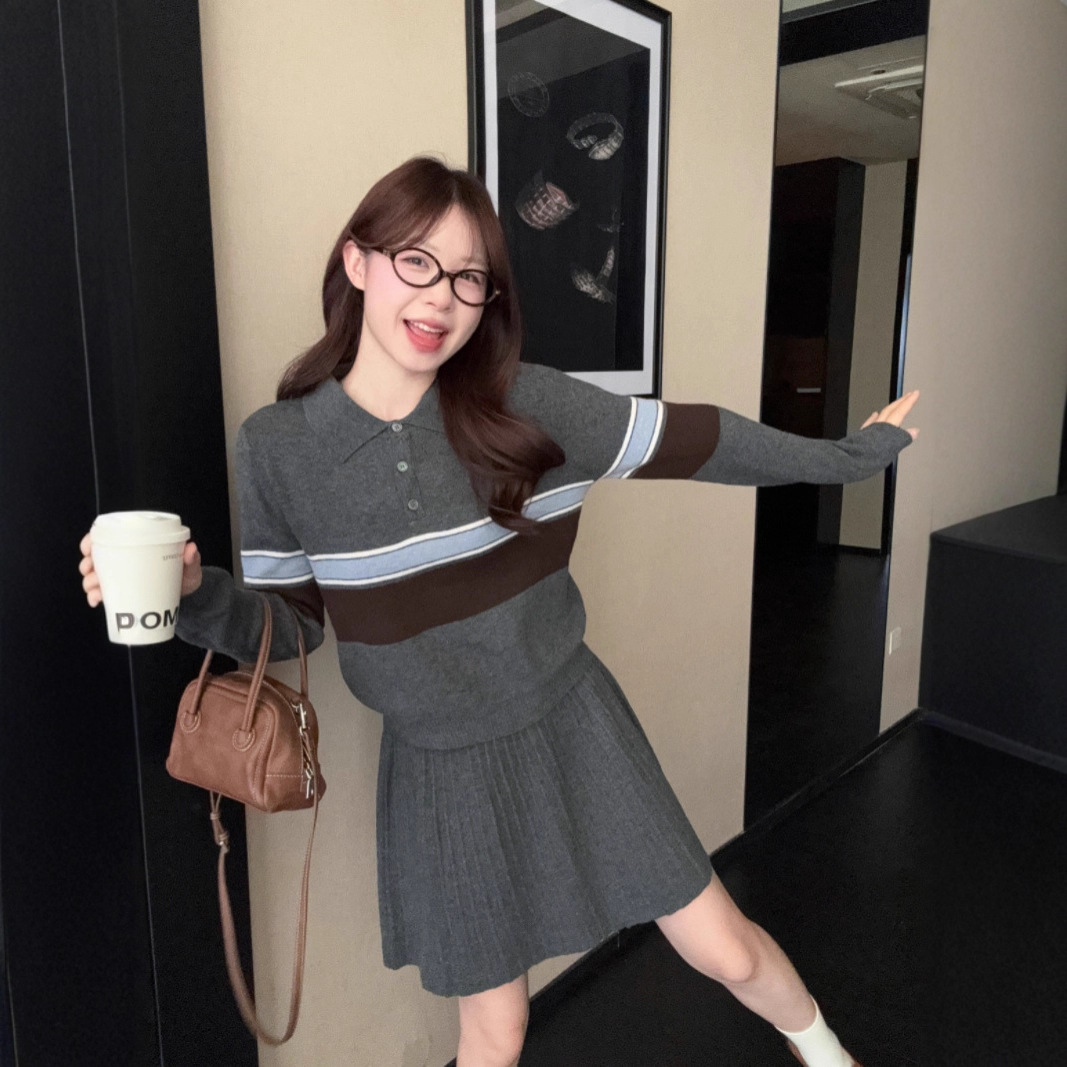 实拍 2025秋季新款韩版韩系风百搭爆款设计感拼色撞色毛针织套装