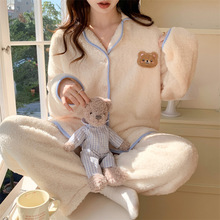 新款法兰绒睡衣女秋冬季加厚小香风简约可爱ins风外穿家居服套装