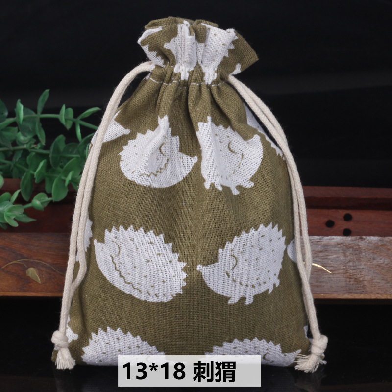 Ventas calientes de impresión de paquetes de cuerda de dibujo bolsas de impresión logotipo de lino bolsa de tela para el medio ambiente bolsa de almacenamiento de artículos 13 * 18