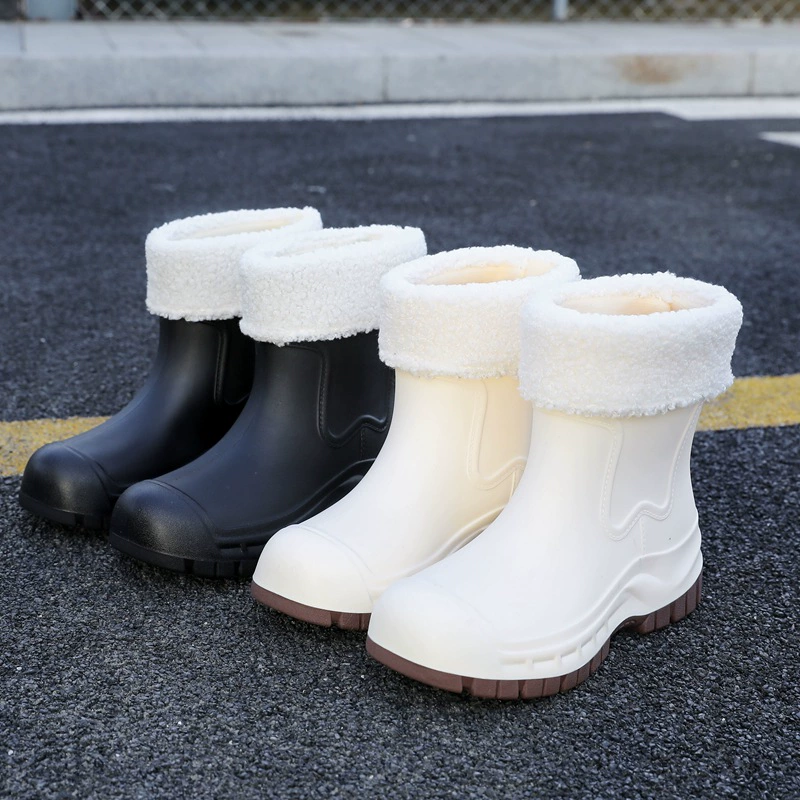 Эластичные бархатные резиновые туфли женские нескользящие маслостойкие кухонные хлопчатобумажные туфли теплые водяные ботинки средние трубочки дождевые сапоги трансграничные резиновые туфли