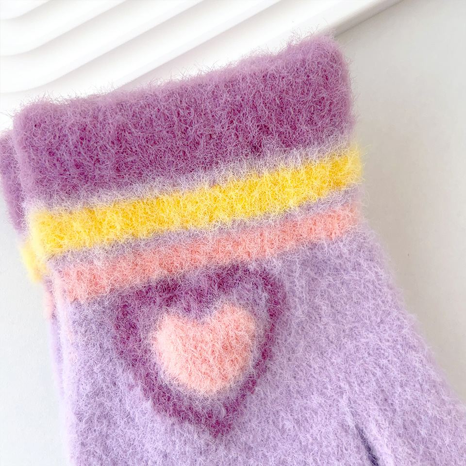 Nuevos guantes cálidos para niñas a rayas de amor a prueba de frío y engrosamiento en invierno, los niños tejen en bicicleta para jugar con la nieve y escribir cinco dedos