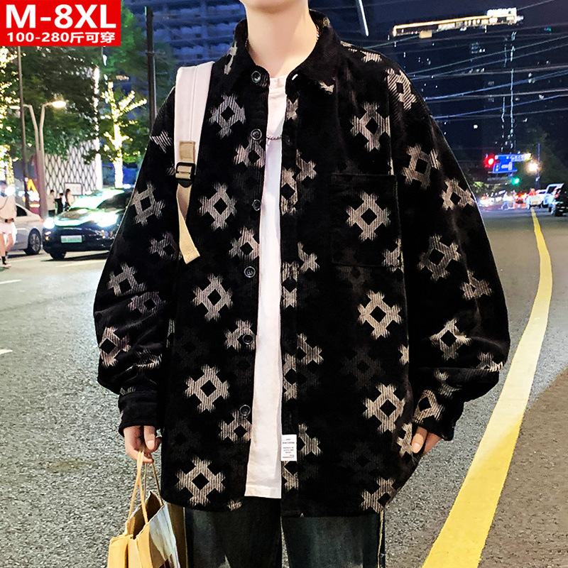 春秋季潮流港风男装时尚印花方领衬衫胖男士加肥大码宽松休闲外套