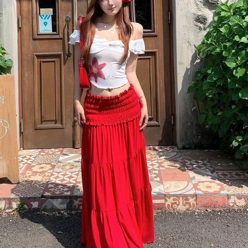 套装女2025夏季新款纯欲甜辣一字肩修身上衣+高腰显瘦长款半身裙|undefined