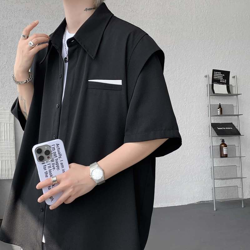 アイスシルククールシャツ半袖メンズ夏カップルシャツTシャツルーズフェイクツーピース五分袖ジャケットホワイト|undefined
