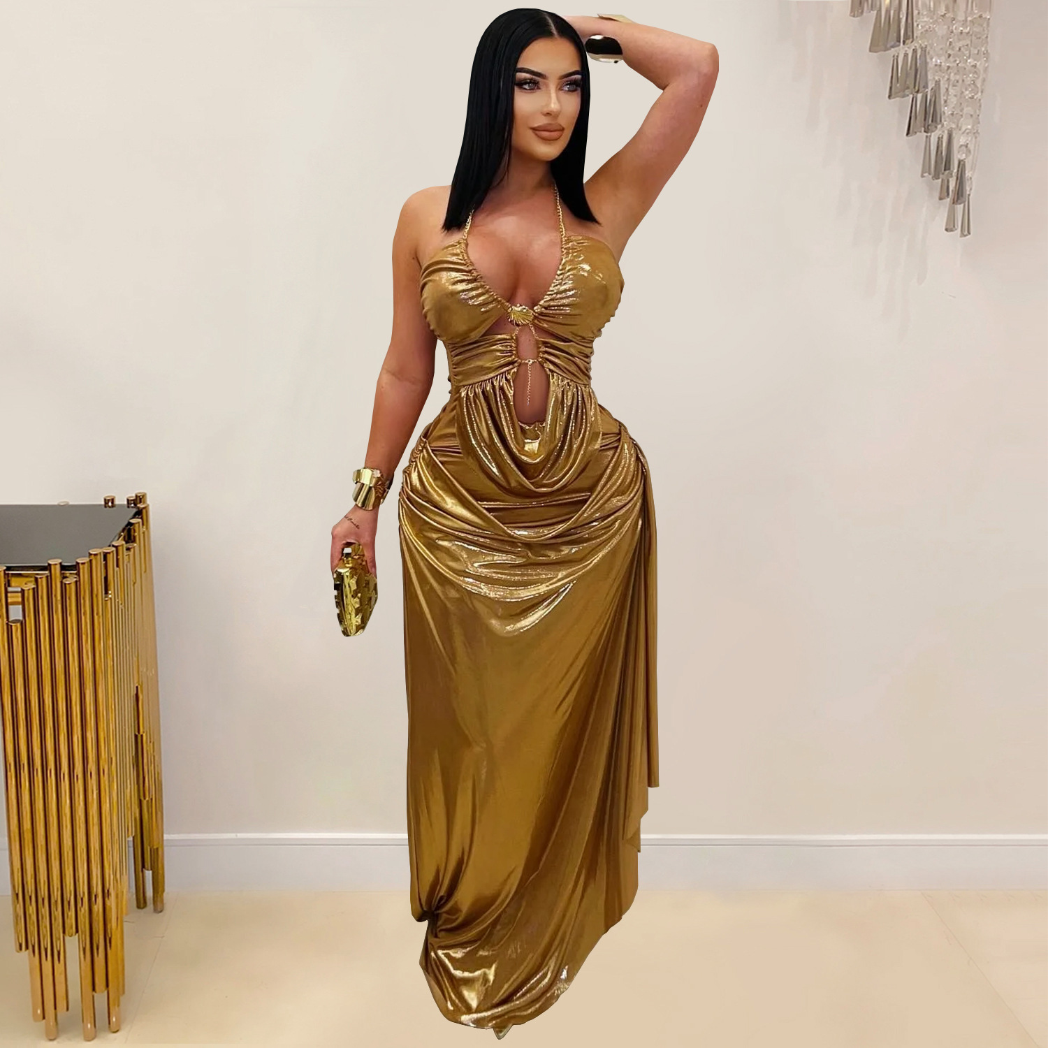 C7491 Aliexpress transfronterizo amazon ropa de moda europea y americana sexy cuello colgante chaîne de oro plegado vestido de brazo