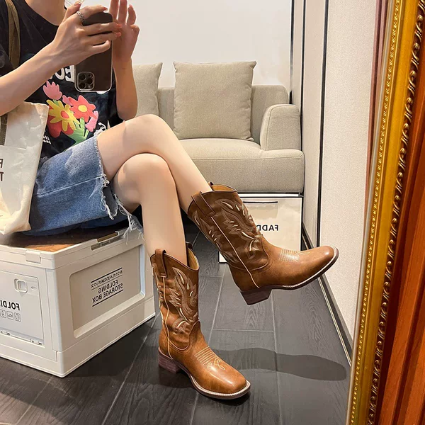 Vintage Embroidered V Martin Boots Women's Summer Brown Thick Heel Boots Red Rider Boots Short Boots Western Cowboy Boots 34-44